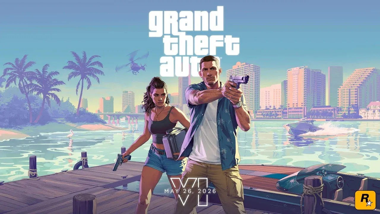Официальный ключевой арт GTA 6 — Джейсон и Люсия на фоне Вайс-Сити